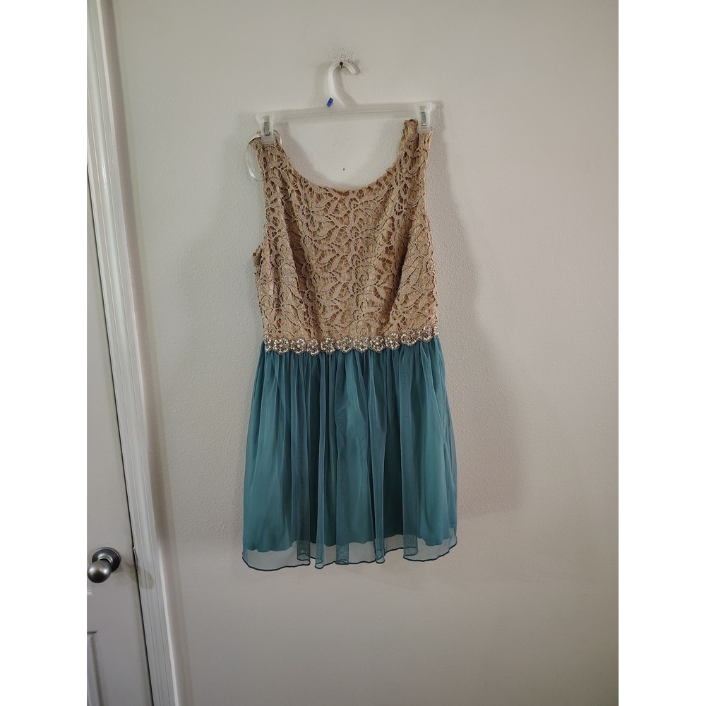 Jodi Kristopher Gold Lace Teal Tulle Rhinestone Waist Cocktail Dress Womens 15